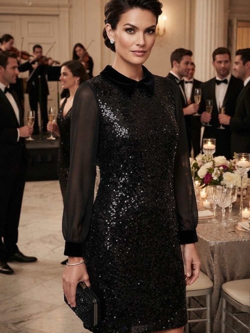 julia jordan Black Sequin Long-Sleeve Velvet Collar Dress